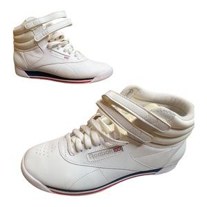Reebok Womens Freestyle Hi White Blue Primal Red lace up sneaker